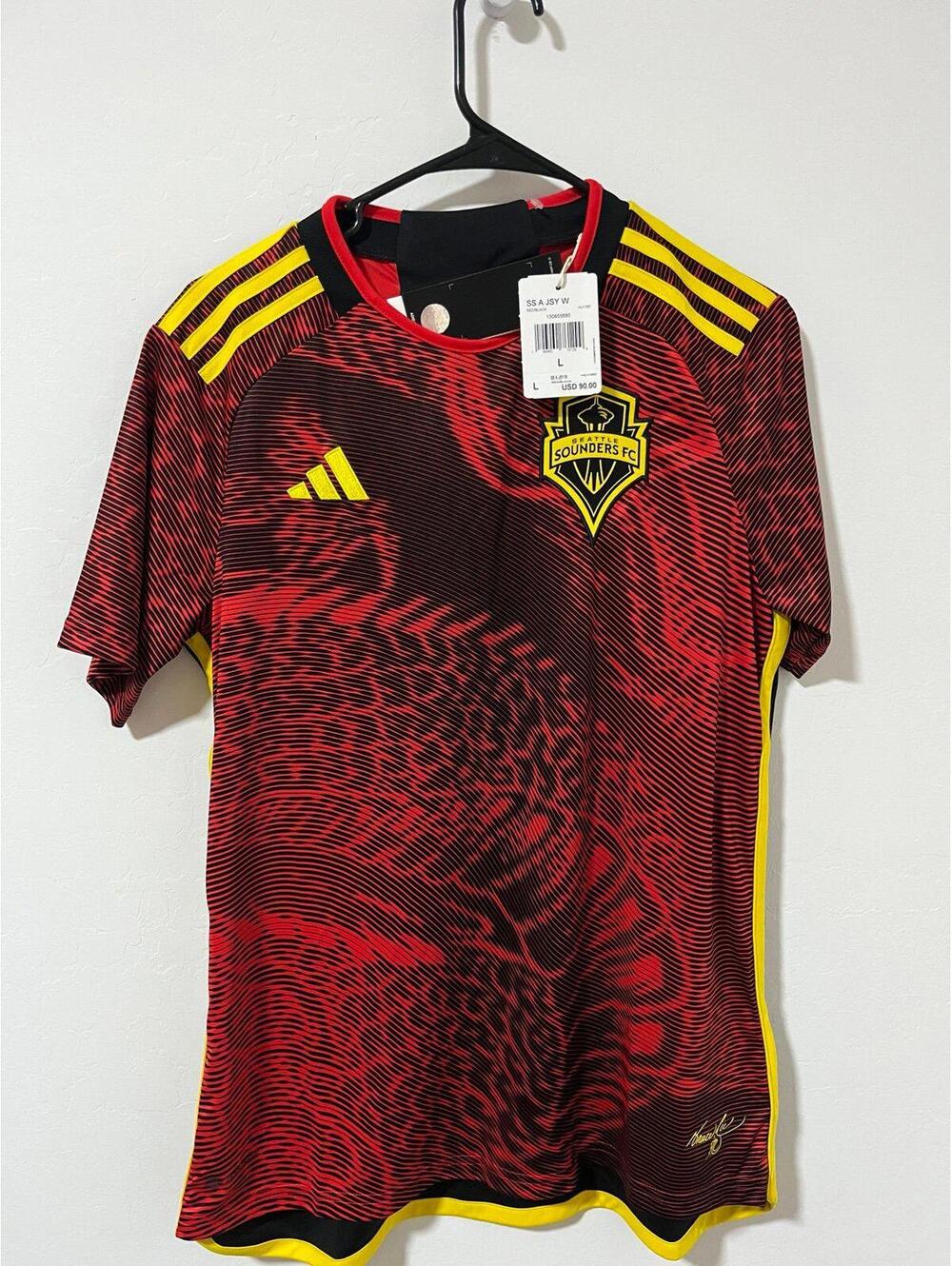 New Adidas Seattle Sounders FC Bruce Lee Soccer Jersey Womens L Black Red HU1380 - Picture 3 of 5